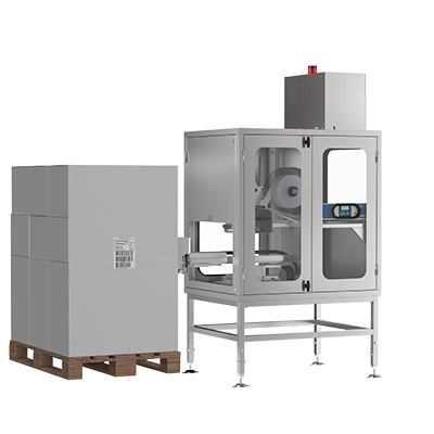 Stainless steel cabinet around Domino M230i-P150 pallet labeller 